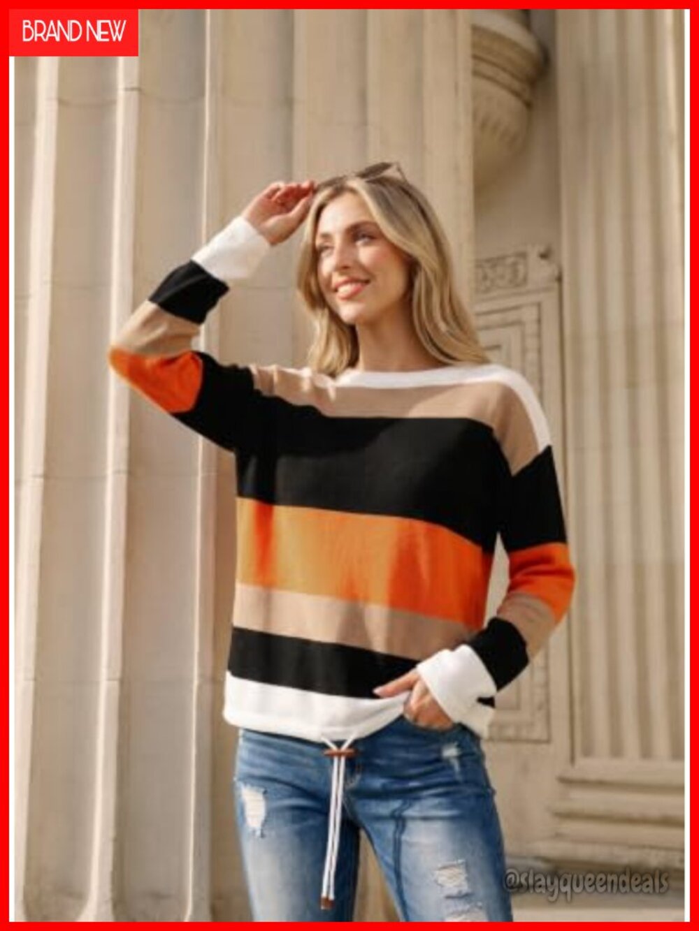 Striped Drawstring Color Block Pullover Sweater - Picture 2 of 6